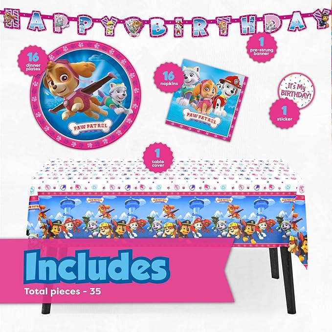 Skye Paw Patrol Birthday Decorations | Serves 16 | Banner, Tablecloth, Plates, Napkins Sticker | Paw Patrol Party Decorations