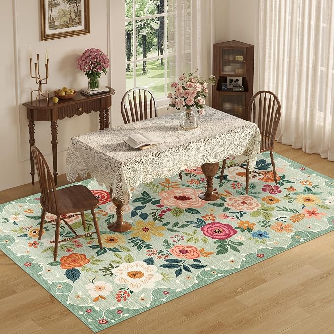 DUKINO 5x8 Area Rug for Bedroom, Floral Washable Rug Non Slip, Green | Low Pile, Non-Shedding, Soft Indoor Rug for Living Room, Dining Room, Kids Room, Office, Nursery, Pet Friendly, Home Decor
