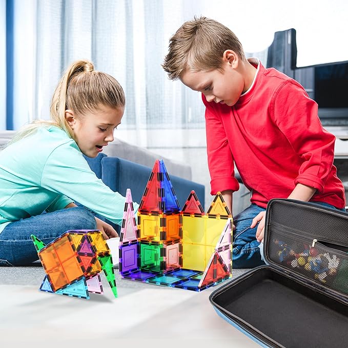 PicassoTiles Magnetic Tiles 101pcs Magnet Tile Building Blocks STEM Toy Set with Storage Case Educational Construction Kit for Kids Toddlers Boys Girls Age 3 Plus Travel Learning Carry Bin PB101
