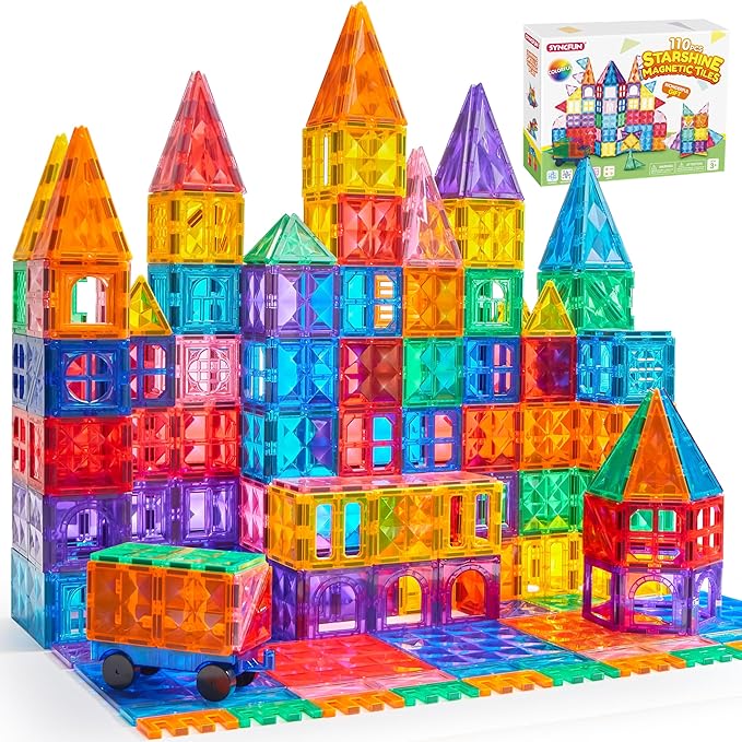 SYNCFUN 110PCS Magnetic Building Tiles - 3D Magnet Tiles with Vehicle - Construction Blocks Set for Kids - STEM Sensory Learning Educational Toys Birthday Gift for 3 4 5 6 7 Year Old