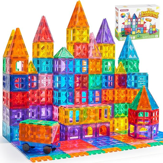 SYNCFUN 110PCS Magnetic Building Tiles - 3D Magnet Tiles with Vehicle - Construction Blocks Set for Kids - STEM Sensory Learning Educational Toys Birthday Gift for 3 4 5 6 7 Year Old