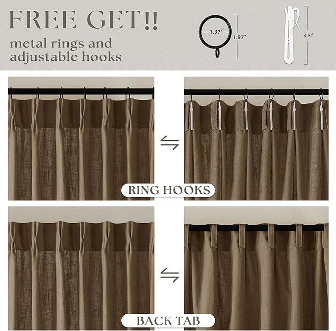 Dutch Cocoa Pinch Pleat Linen Curtains 90 Inches Long 60 Inch Wide 1 Panel | Light Filtering Semi Sheer Privacy, 400GSM Fabric Memory Shape, Pinch Pleated, for Sliding Door Living Room Bedroom, W60xL90