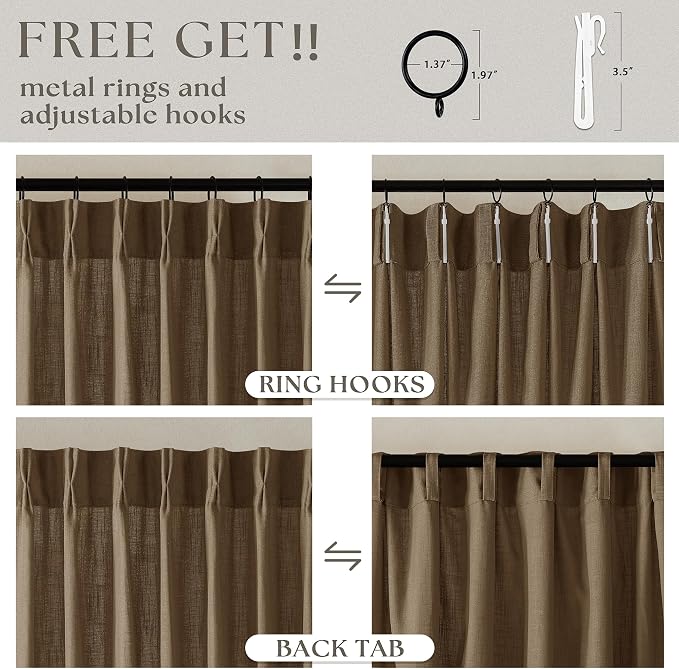 Dutch Cocoa Pinch Pleat Linen Curtains 120 Inches Long 60 Inch Wide 1 Panel | Light Filtering Semi Sheer Privacy, 400GSM Fabric Memory Shape, Pinch Pleated, for Sliding Door Living Room Bedroom, W60xL120