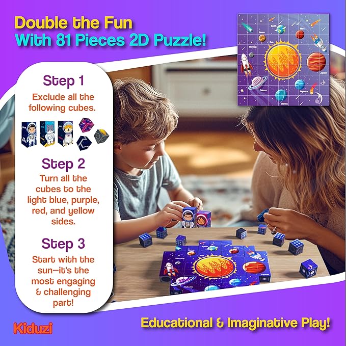 2 in 1 Toy: 1 inch Magnetic Building Blocks – Space Adventure Edition - 100-Piece STEM Toy Ages 3-10+ - 2D Puzzle & 3D Models - Screen-Free Fun - Strong Magnets, Durable & Travel-Friendly