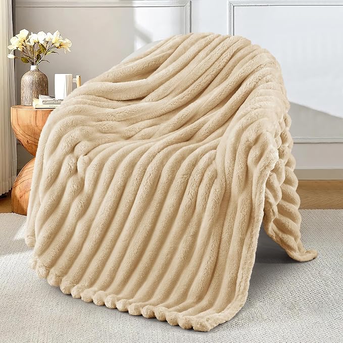 Exclusivo Mezcla Striped Fleece Throw Blanket for Couch, Sofa, Bed, 50"x60" | Soft Breathable Cozy Bed Blankets, Lightweight Plush Fluffy Fuzzy Jacquard Decorative Blankets