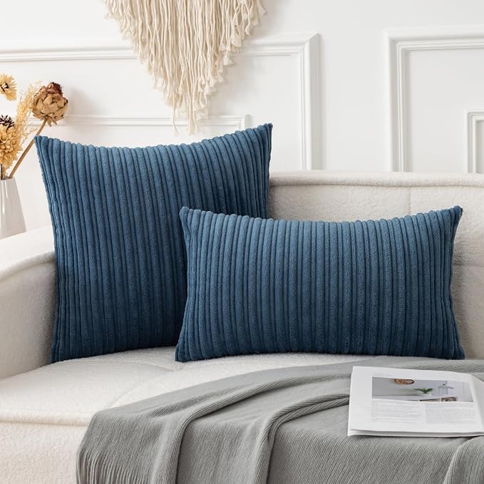 UGASA 12x24 Inch Pillow Cover Pack of 1 Soft Boho Stripe Corduroy Long Rectangular Lumbar Cushion Cover Farmhouse Decorative Throw Pillowcase for Bed, Couch, Sofa, Bedroom, Living Room, Dusty Blue