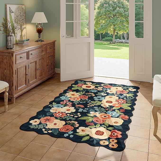 DUKINO 3x5 Area Rugs, Non Slip Floral Washable Rug for Bedroom, Navy Blue | Soft, Low Pile, Non-Shedding Throw Rugs for Living Room, Entryway, Kitchen, Kids Room, Pet Friendly, Home Decor, Lightweight
