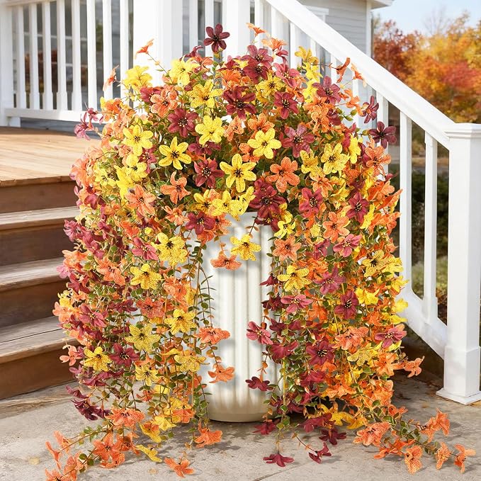 INQCMY Artificial Fake Hanging Flowers Plants for Outdoor Fall Decoration | 2PCS Faux Silk Daisy with Eucalyptus Leaves,UV Resistant Look Real for Outside Home Planter Porch Patio Yard Autumn Decor