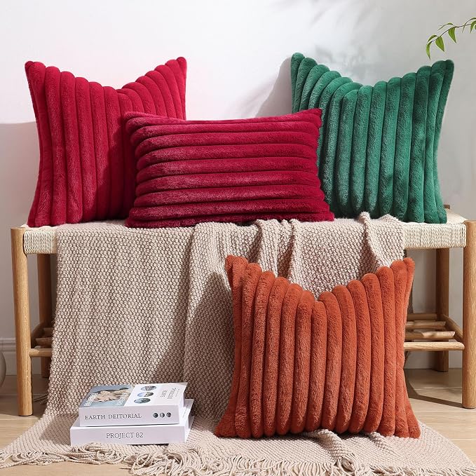 decorUhome Fall Faux Fur Throw Pillow Covers 20x20 Set of 2 Red | Decorative Soft Cozy Striped Plush Modern Farmhouse Boho Couch Pillow Cases Velvet Back for Sofa Bed Living Room Home Decor