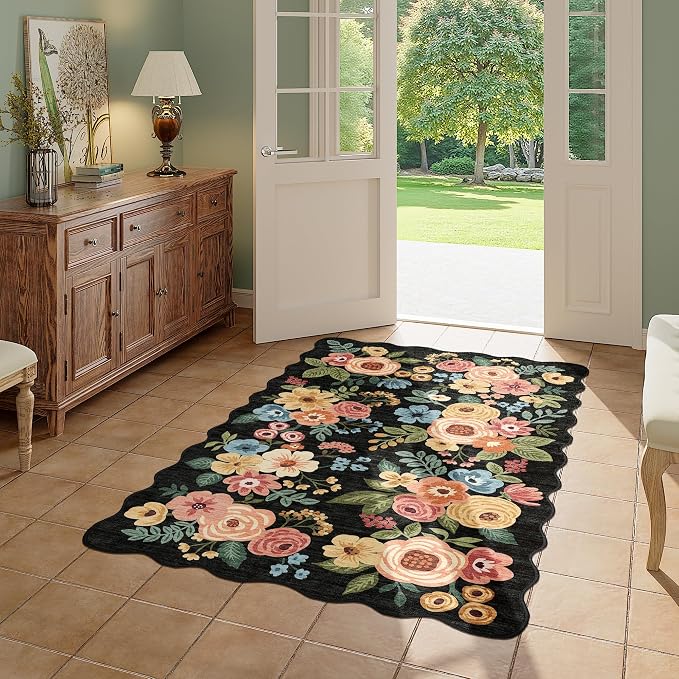 DUKINO 3x5 Area Rugs, Non Slip Floral Washable Rug for Bedroom, Black | Soft, Low Pile, Non-Shedding Throw Rugs for Living Room, Entryway, Kitchen, Kids Room, Pet Friendly, Home Decor, Lightweight