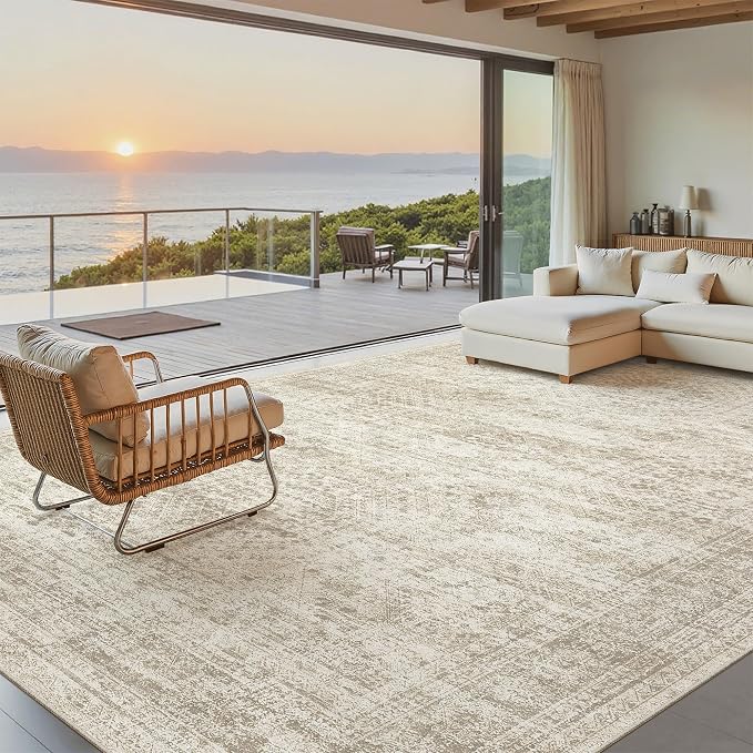 Soalmost Washable Area Rug 8x12 Large Soft Beige Rugs for Living Room | Vintage Non-Slip Carpet for Dining Bedroom, Stain Resistant Low Pile Foldable Lightweight Floor Mat Under Table Home Decor