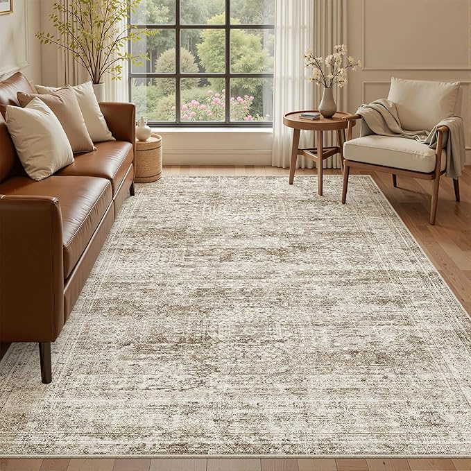 Soalmost 5x8 Area Rugs Brown Low Pile Washable Trendy Faded Style Rug | Vintage Non-Slip Indoor Accent for Bedroom Dining, Foldable Stain Resistant Floor Carpet Mat Under Table Home Office Decor