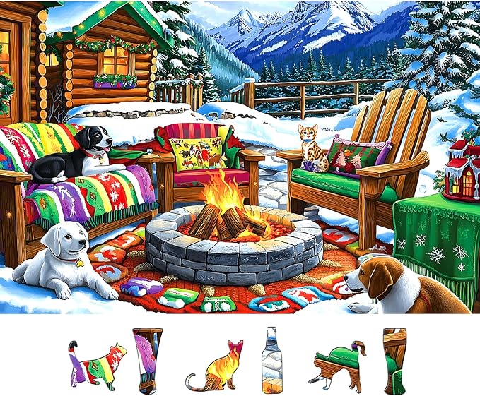 Blueforest 500 Piece Puzzle for Adults, Winter Cabin Fire Pit Jigsaw Puzzle - Dogs, Cat & Cozy Outdoor Seating, 23x15 Inch Art Puzzle, Hard Difficult Challenging Fun Puzzles for Adults