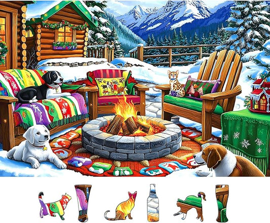 Blueforest 500 Piece Puzzle for Adults, Winter Cabin Fire Pit Jigsaw Puzzle - Dogs, Cat & Cozy Outdoor Seating, 23x15 Inch Art Puzzle, Hard Difficult Challenging Fun Puzzles for Adults