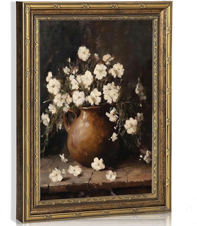 Vintage White Flower Canvas Wall Art,Gold Framed Floral Wall Decor16x12in | Antique White Flower Picture Artwork For Cottagecore Living Room, Bedroom and Entryway and Gallery Wall