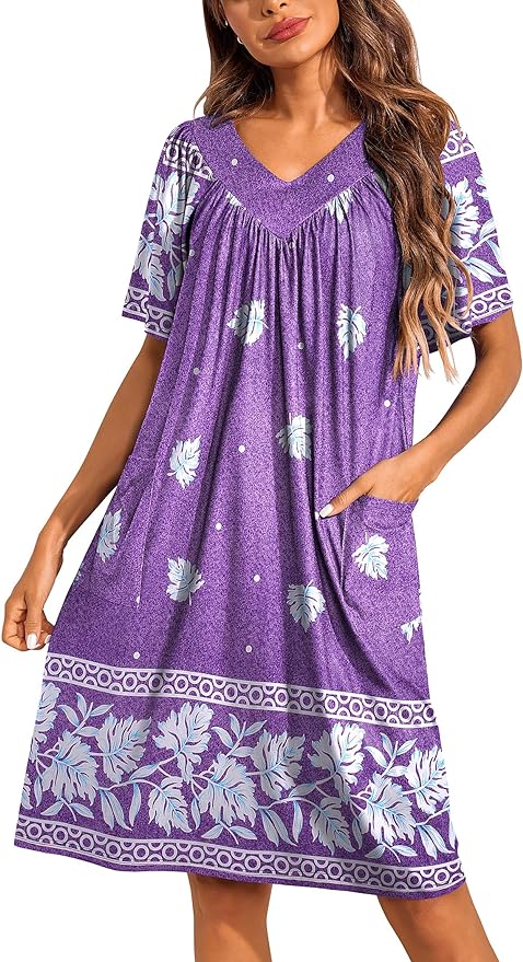 Ekouaer Womens House Dress Floral Print Nightgown with Pockets Mumu Dress