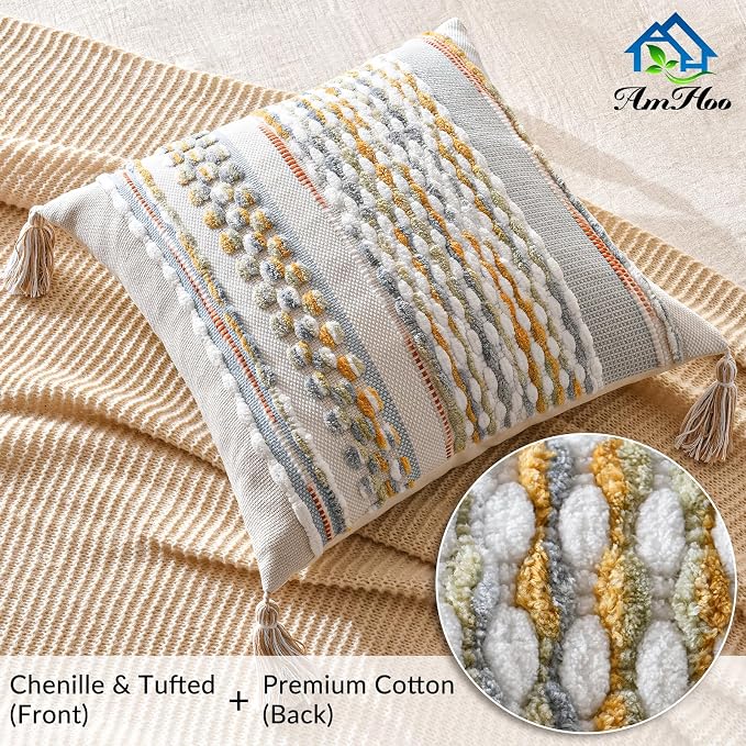 Set of 2 Chenille Striped Textured Boho Throw Pillow Covers Aesthetic with Tassels Woven Decorative Pillow Case for Couch Bed Sofa Bedroom Modern Funky 18 x 18-Inch Grey