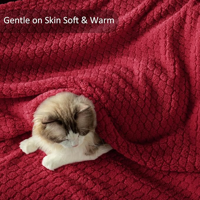 Exclusivo Mezcla Soft Fleece Throw Blanket for Couch, Deep Red | Jacquard Lightweight Cozy Throws for Bed, Sofa, Breathable Decorative Fuzzy Textured All Season Use, 50x60 Inches