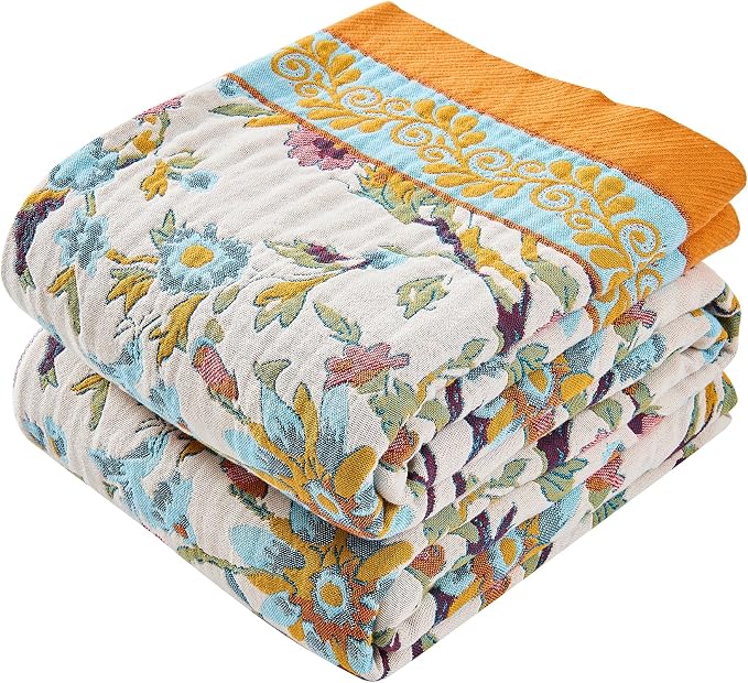 VANJOROY Boho Throw Blanket, 100% Organic Cotton Breathable Skin-Friendly Ultra Soft 80" x 90" Bed Quilt Throw - Floral Rustic Decor Luxury Reversible Blanket for Sofa Couch Chair and Gift,
