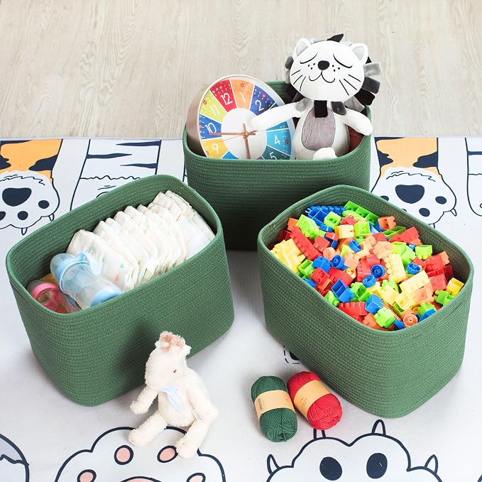 3-Pack Decorative Woven Storage Baskets for Shelves, Cube Bin Box for Organizing Books, Shoes, Dog Toys, Pantry Closet and Living Room Organizer, Forest Green