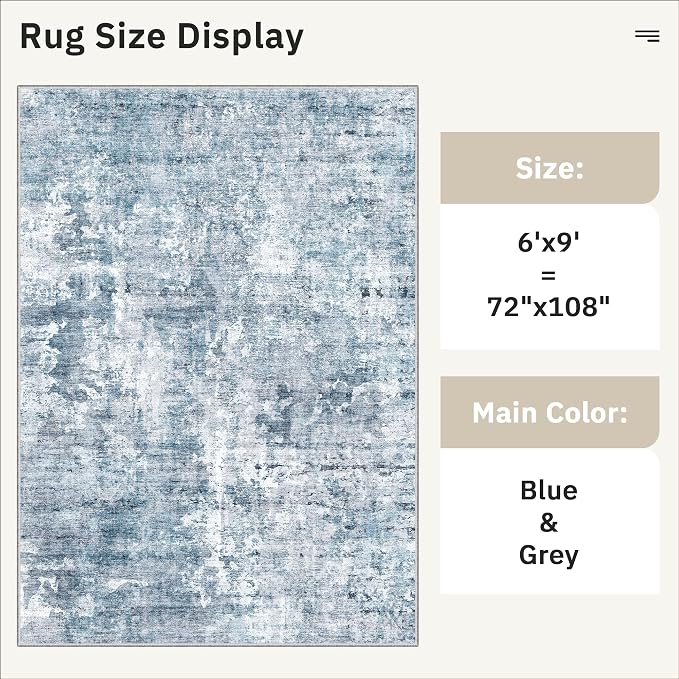 Soalmost Abstract Area Rug 6x9 for Living Room Washable Rugs Blue/Grey | Non-Slip Low-Pile Carpet for Dining Bedroom, Foldable Thin Vintage Stain Resistant Floor Mat Under Table Home Office Nursery