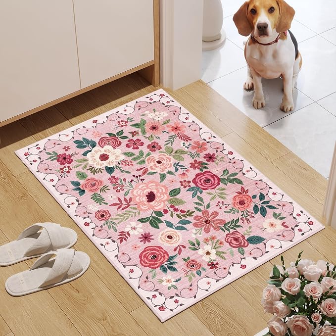 DUKINO 2x3 Entryway Rug, Floral Door Mat Soft Washable Rug Non Slip, Pink | Low Pile, Non-Shedding Small Rug for Kitchen, Entrance, Bedroom, Bathroom, Pet Friendly, Stain Resistant, Modern Home Decor