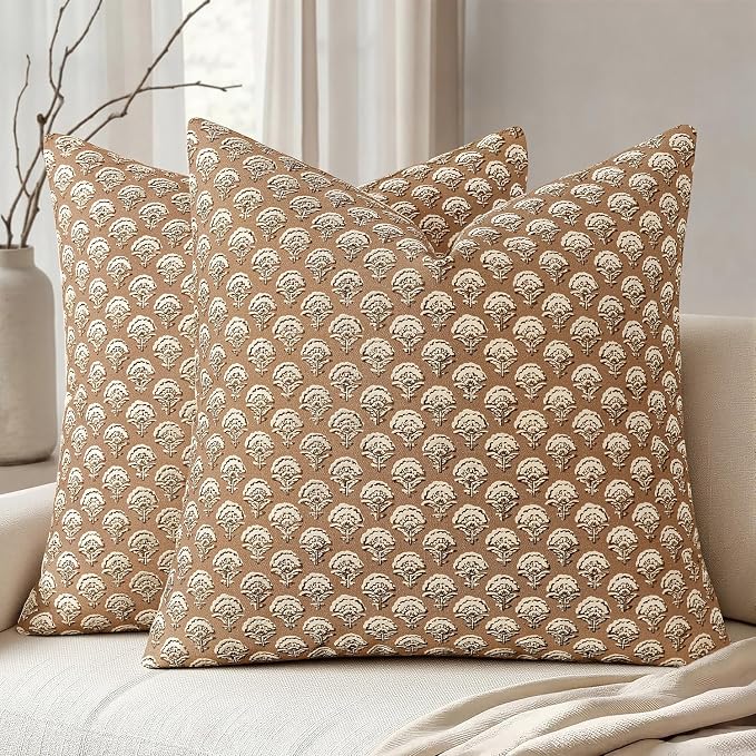 MIULEE Floral Print Decorative Euro Pillow Covers 22x22, Cognac | Vintage Boho Farmhouse Modern Home Decor, Set of 2, Block Print Cushion Covers for Couch Sofa Bed Living Room