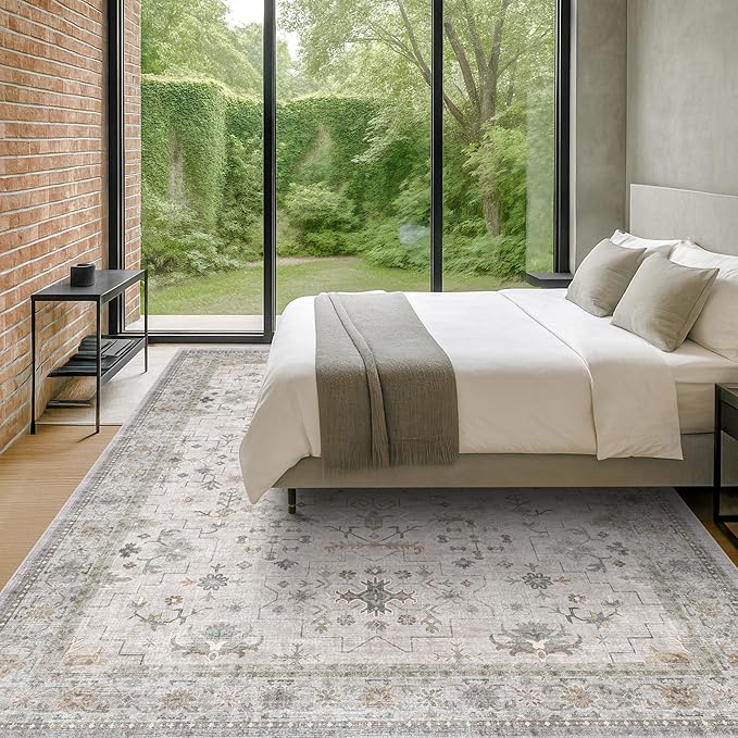 Large 10x12 Living Room Rug - Vintage Light Gray & Sage Floral Area Rug for Dining Room, Washable Low Pile Bedroom Carpet, Modern Eclectic Geometric Decor & Stain Resistance