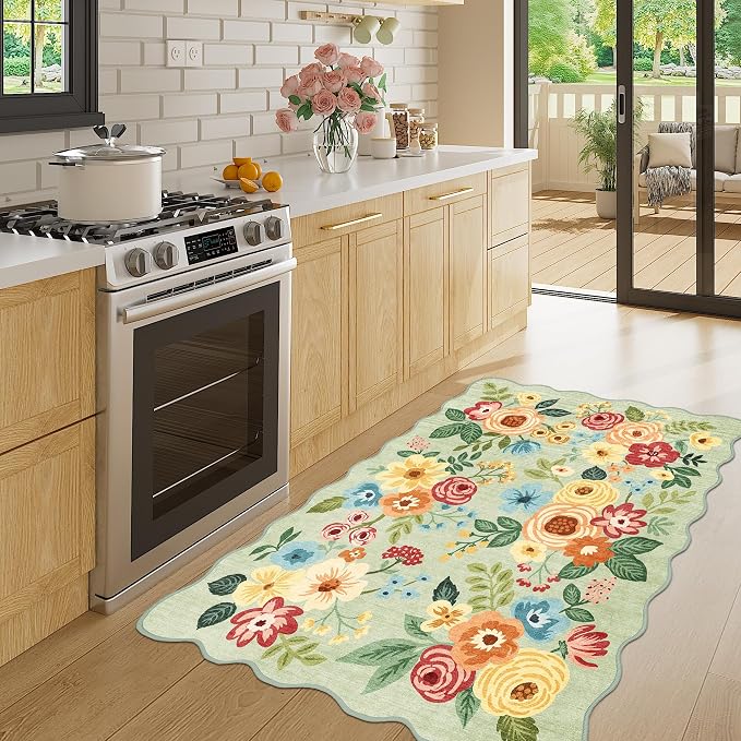 DUKINO 3x4 Rug, Non Slip Floral Washable Area Rug for Entryway, Green | Soft, Low Pile, Non-Shedding Indoor Throw Rugs for Kitchen, Hallway, Bedroom, Bathroom, Laundry, Pet Friendly, Home Decor