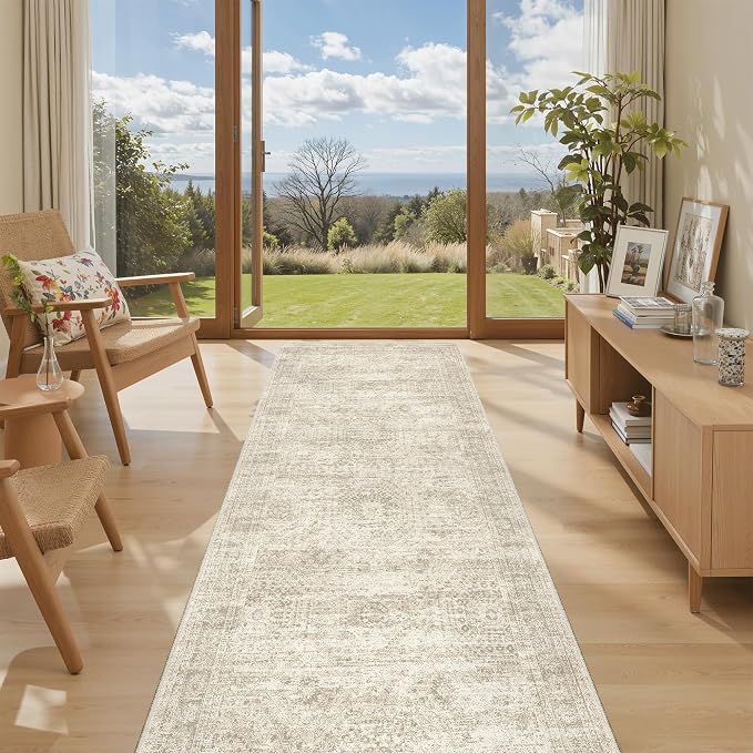 Soalmost Washable Kitchen Runner Rug 3x6 Hallway Entry Rugs Non-Slip, Beige | Vintage Runners 6ft for Bathroom Laundry Room, Foldable Low-Pile Floor Carpet Mat for Entryway Corridor Bedroom