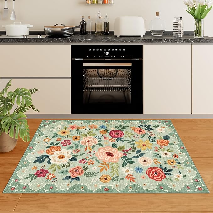 DUKINO 3x4 Area Rug, Floral Washable Rug for Kitchen Non Slip, Green | Low Pile, Soft, Stain Resistant Indoor Rug for Entryway, Bedroom, Bathroom, Laundry, Pet Friendly, Home Decor, Lightweight