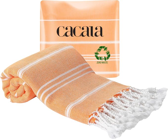 Cacala 100% Turkish Cotton Kitchen Tea Towels, Highly Absorbent Luxury Soft Quick Drying Dish Towel with Hanging Loop for Gym, Yoga, Bath, Sports, Cleaning and Kitchen (23 x 36), Salmon
