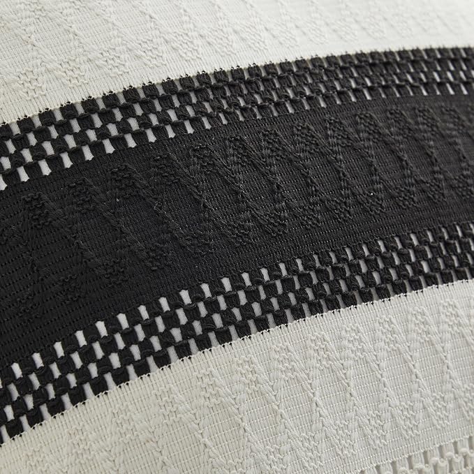 2pk Boho Pillow Covers 22x22, Natural White/Contrast/Black | 100% Organic Cotton Body, Stripe Embroidery, Farmhouse Decorative Cushion Covers for Sofa Bed Living Room Home Decor