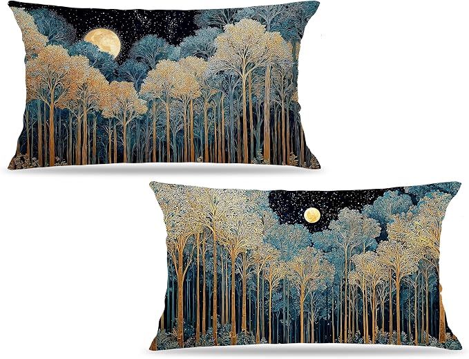 Rustic William Morris Inspired Forest Green Moon Decor Pillow Covers 12x20 Set of 2,Vintage Night Moon Botanical Nature Landscape Decorative Throw Pillow Covers for Home Bedroom Living Room