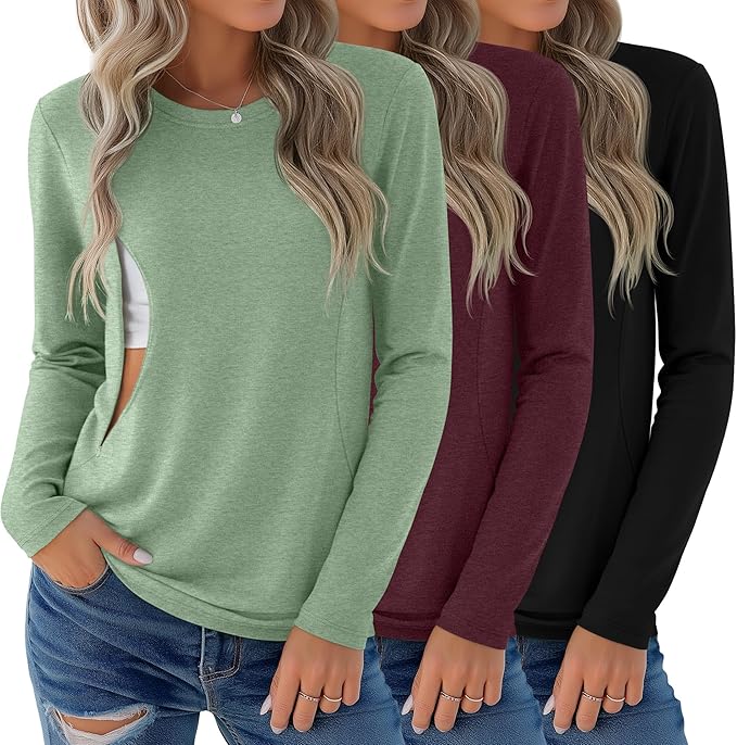 3 Pack Nursing Tops for Breastfeeding Maternity Shirts Zipper Long Sleeve Round Neck Knit Casual Nursing Clothes