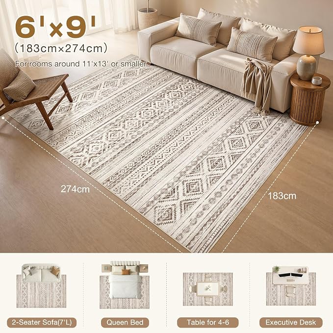 cotiled 6x9 Area Rugs Living Room Rug: Washable Boho Rugs with Non Slip Backing Large Soft Indoor Stain Resistant Carpet for Bedroom Farmhouse Dining Room Lightweight Home Decor Dark Brown