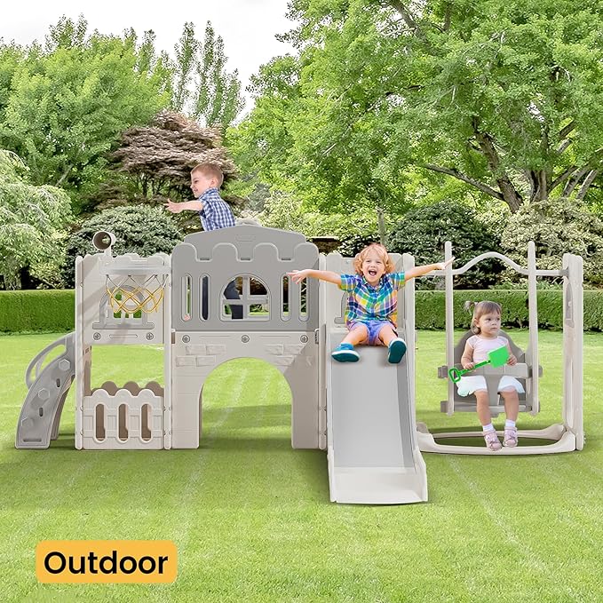 10 in 1 Toddler Slide Age 1-3 with Swing Basketball Hoop and Telescope Indoor Outdoor Slide Playset Toddler Playground (Grey)