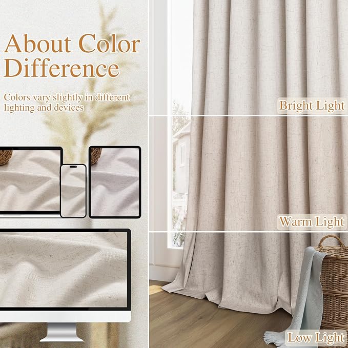 Guken 100% Blackout Linen Curtains for Bedroom 84 inches Long, Thermal Insulated Room Darkening Black Out Drapes for Living Room, Back Tab Rod Pocket 2 Panels Set,Farmhouse,52x84