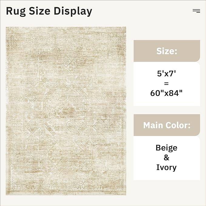 Soalmost 5x7 Area Rugs Beige/Ivory Washable Trendy Faded Style Floral Rugs | Vintage Non-Slip Indoor Accent for Bedroom Dining, Foldable Stain Resistant Floor Carpet Mat Under Table Home Office Decor