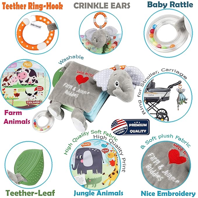 Elephant Touch and Feel Baby Books Toys 0-6 Months, Loveys Crinkle Books for Babies,Infant Toys 6-12-18 Months 1-2 Year Old, Baby Shower Easter Gifts Soft Cloth Book Teething Rattle for Boys Girls