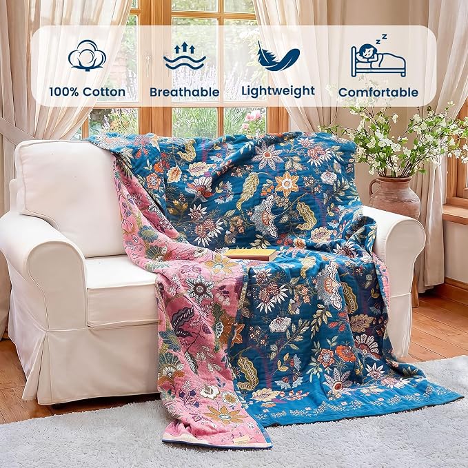 MSGKV Boho Throw Blanket 50"x60" Summer Cotton Blue Floral Throw for Couch | Muslin Throw, Blue Floral Pattern, Reversible Woven, Lightweight Comfort, Farmhouse Decor, All Seasons, Machine Washable