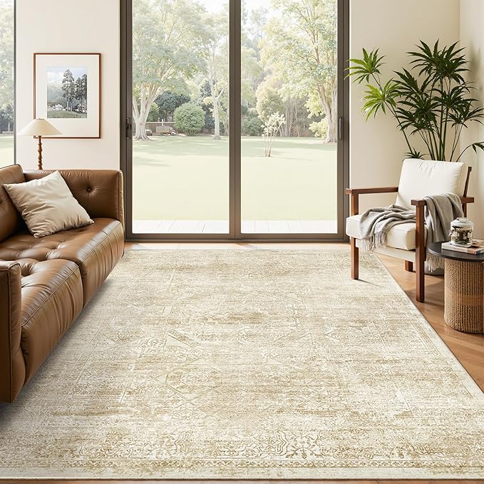 Soalmost 5x7 Area Rugs Beige/Ivory Washable Trendy Faded Style Floral Rugs | Vintage Non-Slip Indoor Accent for Bedroom Dining, Foldable Stain Resistant Floor Carpet Mat Under Table Home Office Decor
