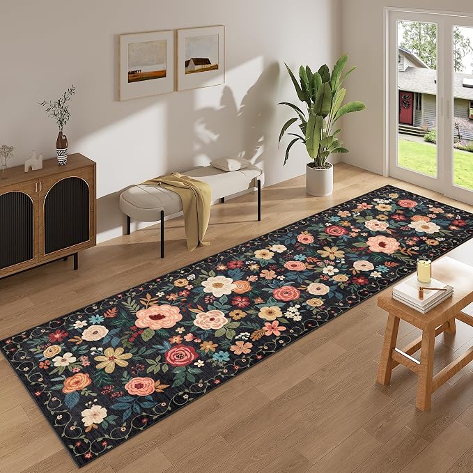 DUKINO 2x10 Runner Rug, Floral Washable Kitchen Runner Rug Non Slip, Black | Soft, Low Pile, Stain Resistant Indoor Rug Runner for Hallway, Entryway, Bedroom, Bathroom, Laundry, Pet Friendly, Home Decor