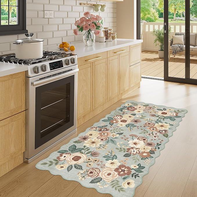 DUKINO 2x4 Rug for Entryway, Floral Washable Kitchen Rugs, Sage Green | Non Slip, Low Pile, Soft Throw Runner Rug for Hallway, Bedroom, Bathroom, Laundry, Pet Friendly, Home Decor, Stain Resistant