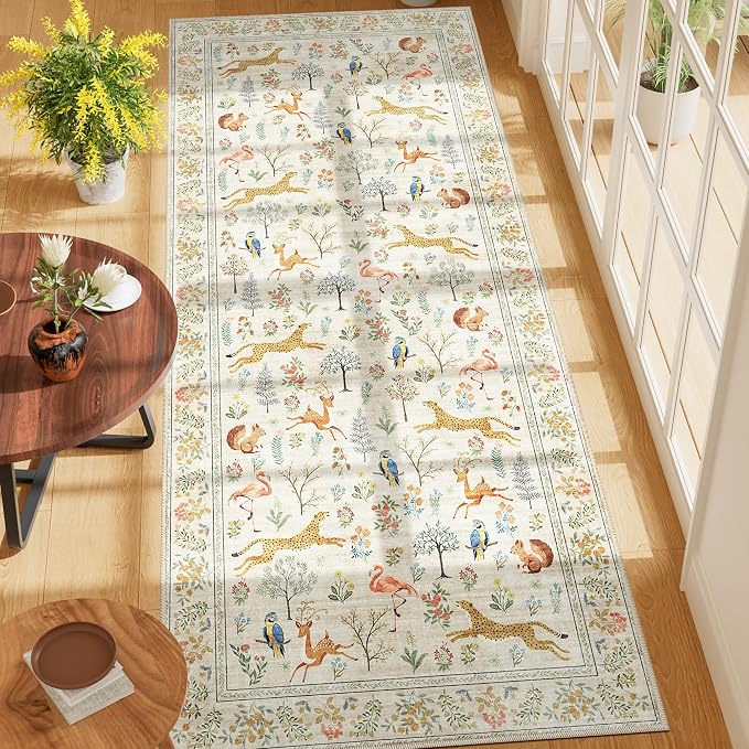 DUKINO 3x7 Hallway Runner Rug, Non Slip Animal Kitchen Runner Rug, Beige | Soft, Low Pile, Stain Resistant Indoor Carpet Runner for Entryway, Bedroom, Bathroom, Laundry, Pet Friendly, Home Decor