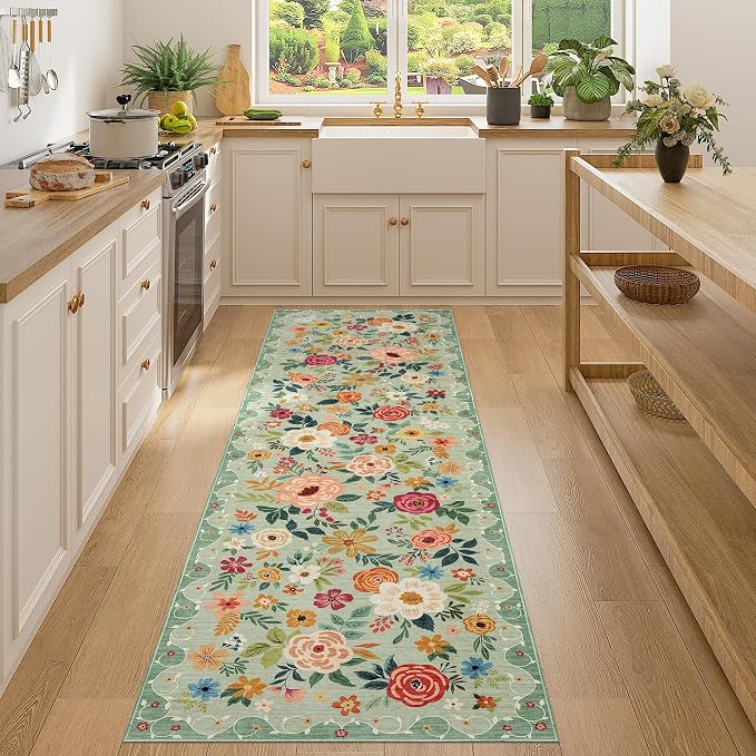 DUKINO 2x7 Runner Rug for Hallway, Washable Runner Rug Non Slip, Green | Low Pile, Soft Indoor Carpet Runner for Kitchen, Bedroom, Bathroom, Entryway, Laundry, Pet Friendly, Home Decor, Lightweight
