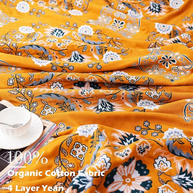 VANJOROY Boho Throw Blanket, 100% Cotton Soft King Yellow Throw for Bed-Floral Farmhouse Decor Blanket, Reversible Bohemian Throw for Sofa Chair Couch Quilt and Gift, 91" x 98"
