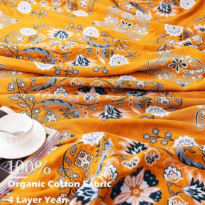 VANJOROY Boho Throw Blanket, 100% Cotton Soft Sofa Bed Throw-Floral Farmhouse Decor Blanket, Reversible Bohemian Throw for Chair Couch Quilt and Gift, 60" x 80"-Yellow