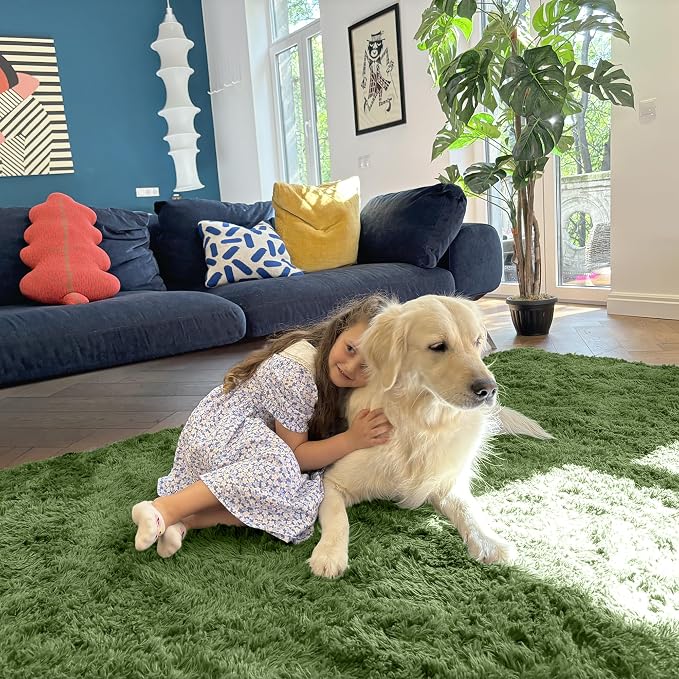 OLANLY 2x3 Machine Washable Small Bedside Rug, Soft Fluffy Shaggy Entryway Throw Rugs for Bedroom, Living Room, Indoor Floor Carpet for Kids Girls and Boys, Home Decor Aesthetic, Green