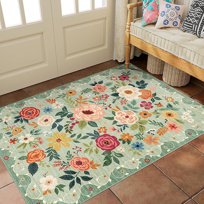 DUKINO 3x5 Area Rug, Floral Washable Rug for Bedroom Non Slip, Green | Soft, Stain Resistant Low Pile Indoor Rug for Entryway, Bedroom, Bathroom, Living Room, Pet Friendly, Home Decor, Lightweight